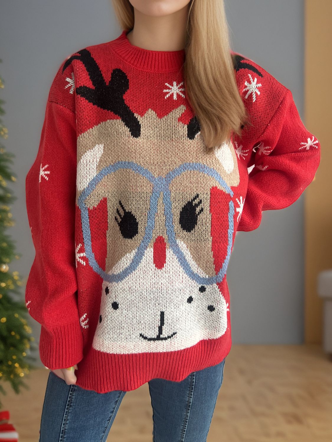 Outfit Flow - Reindeer Round Neck Dropped Shoulder Sweater