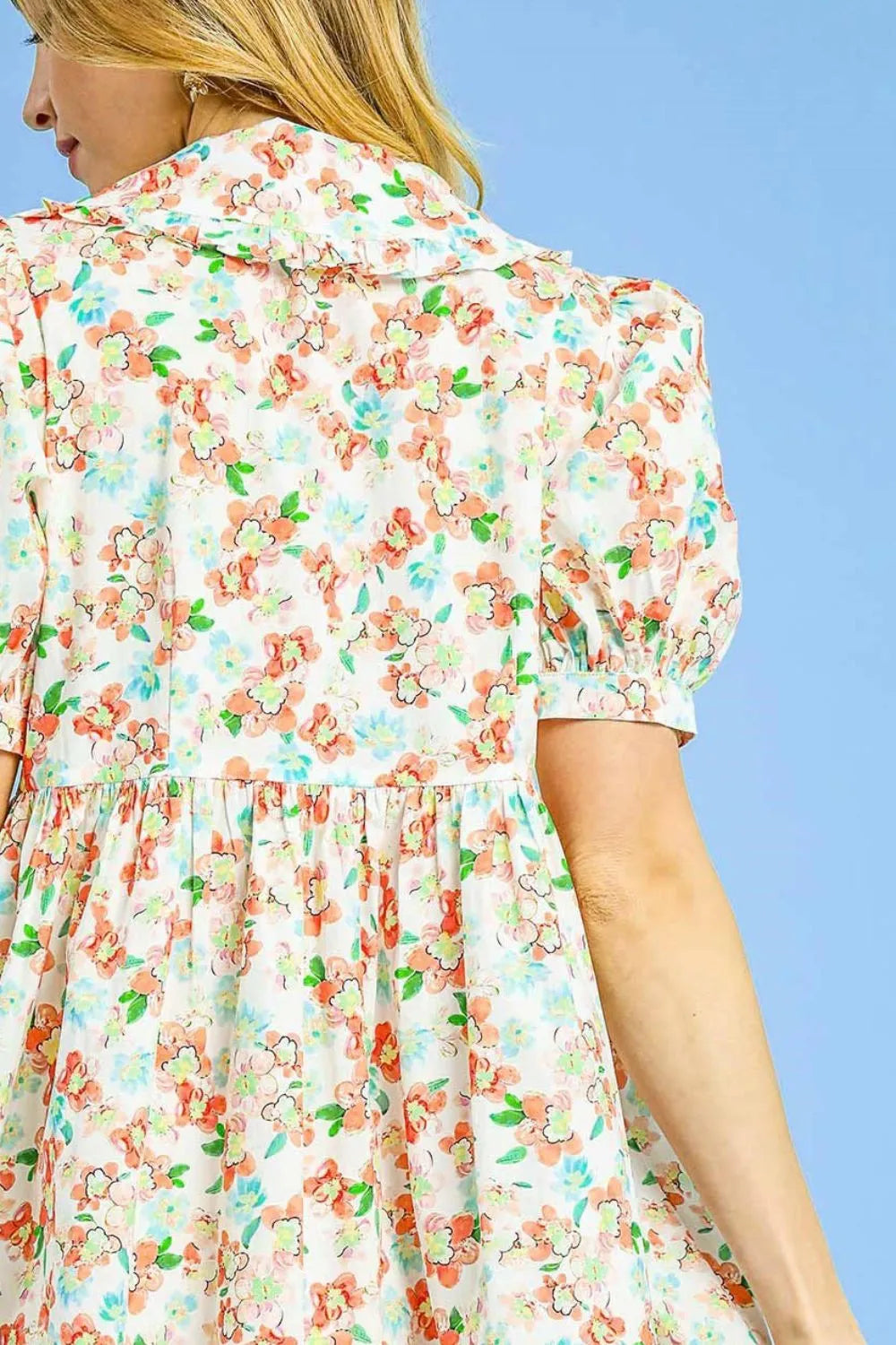 Umgee Floral Print Puff Sleeve Tie Front Mini Dress OutfitFlow