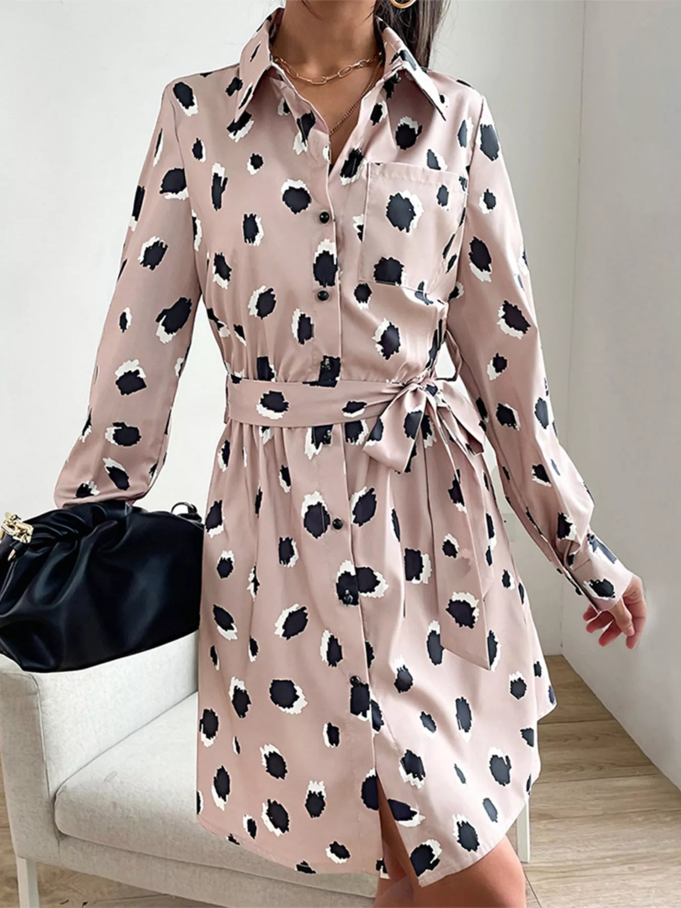 Printed Long Sleeve Mini Shirt Dress OutfitFlow