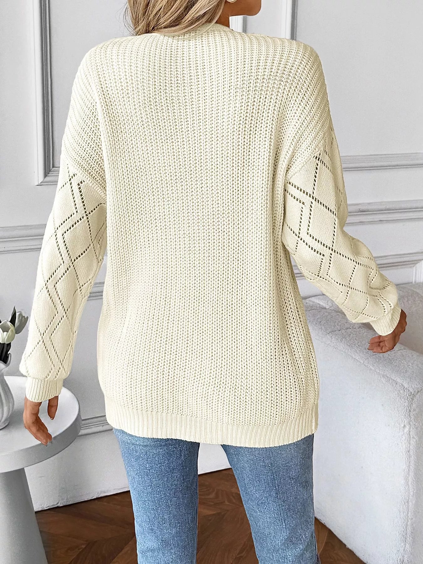 Openwork V-Neck Long Sleeve Sweater Trendsi