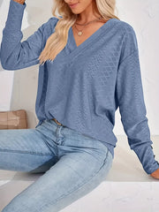 Plus Size V-Neck Textured Long Sleeve T-Shirt OutfitFlow