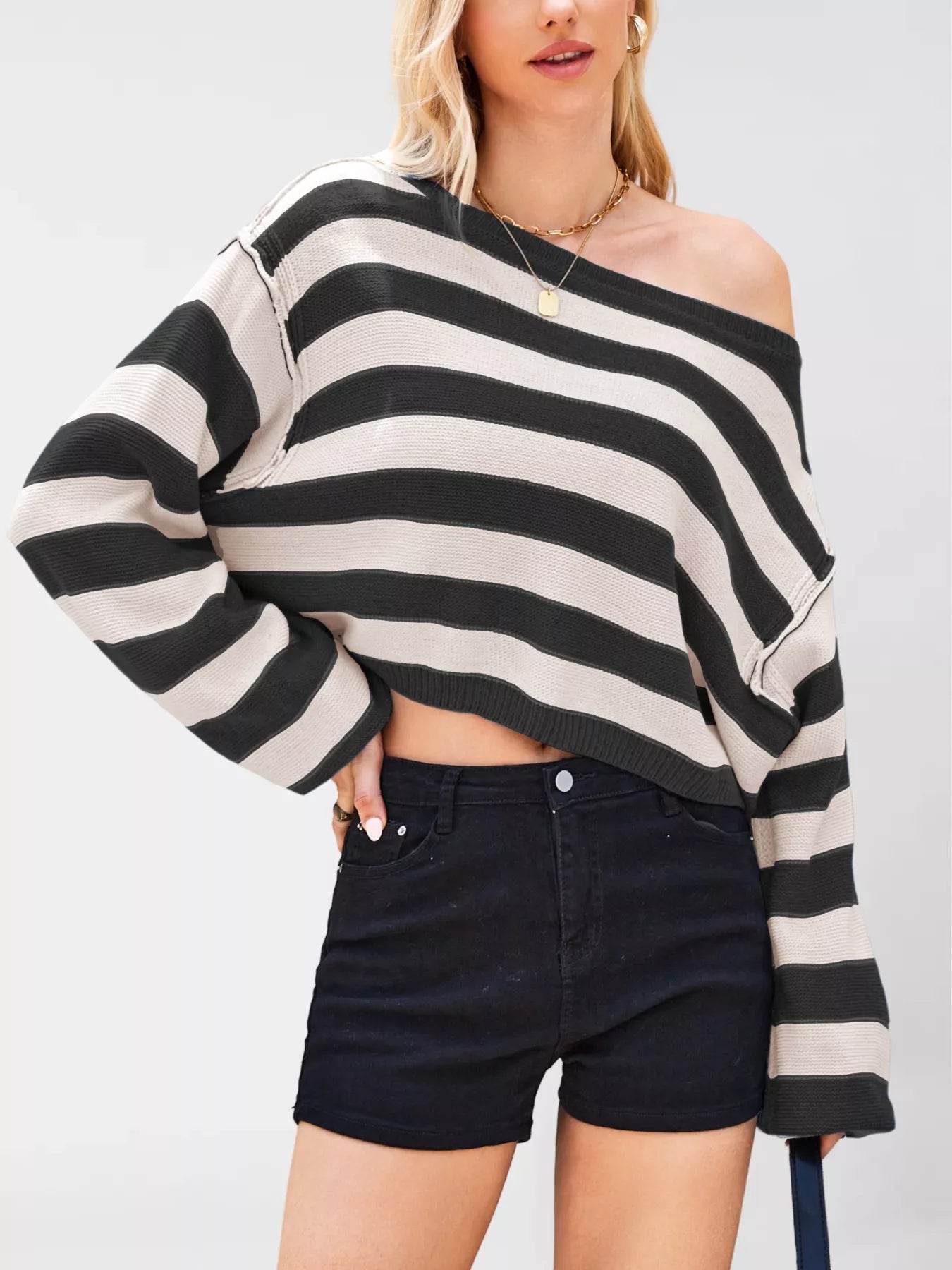 Striped Dropped Shoulder Sweater OutfitFlow