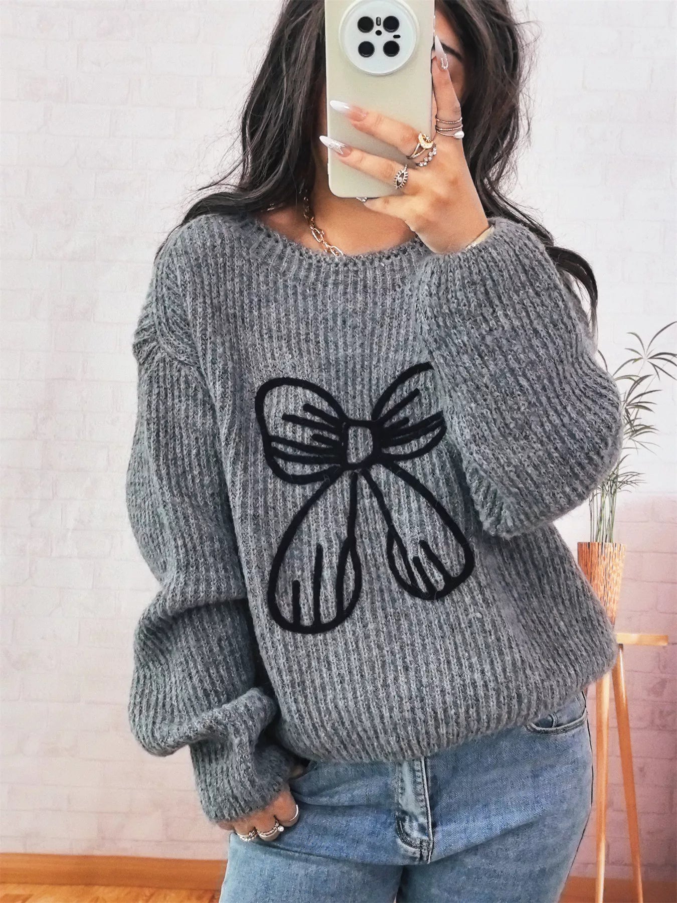 Bow Round Neck Long Sleeve Sweater Gray One Size OutfitFlow
