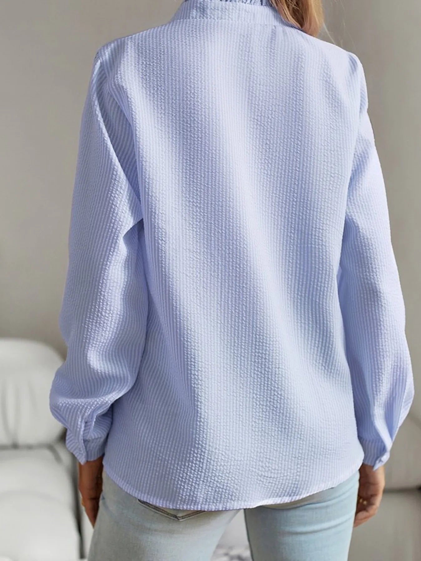Striped Ruffle Detail Button-Up Blouse OutfitFlow