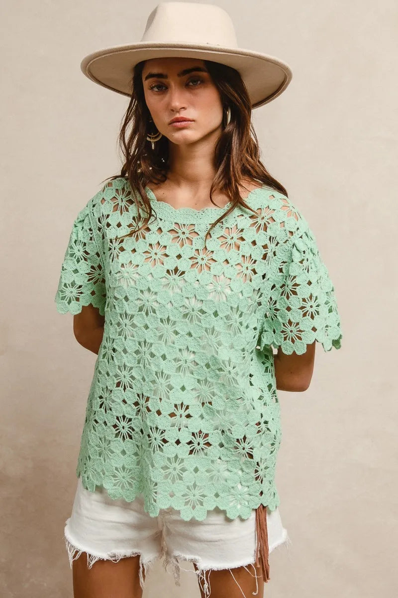 BiBi Openwork Crochet Short Sleeve Knit Top OutfitFlow