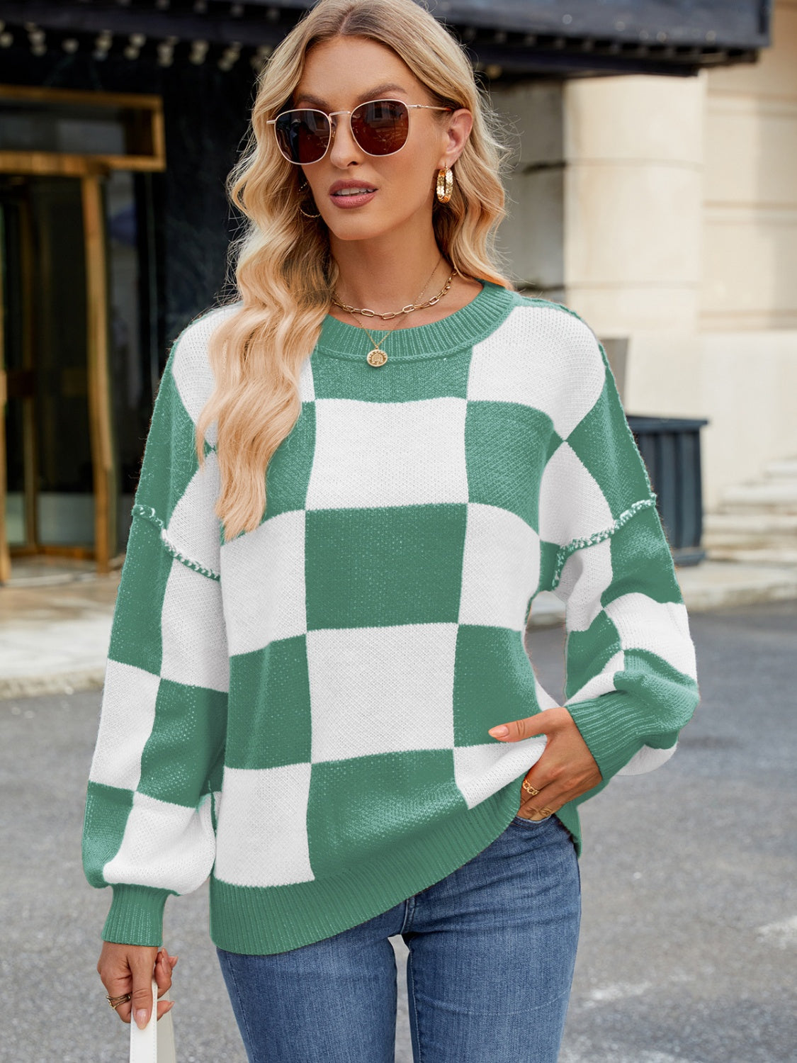 Outfit Flow - Checkered Round Neck Long Sleeve Sweater