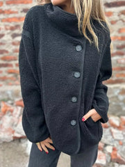 Full Size Button Up Long Sleeve Fleece Jacket Plus Size Black Trendsi