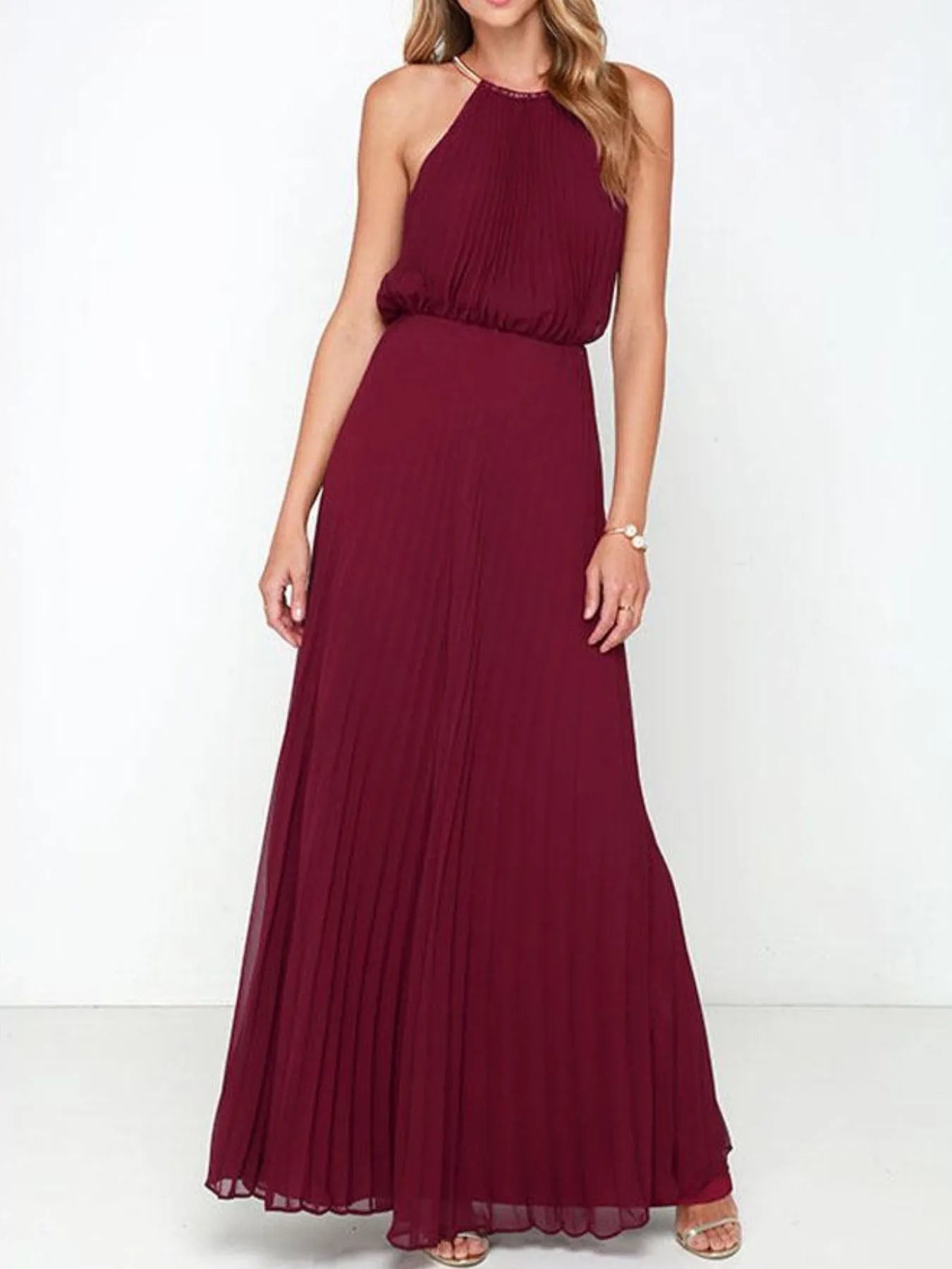 Pleated Sleeveless Maxi Tank Dress Burgundy OutfitFlow