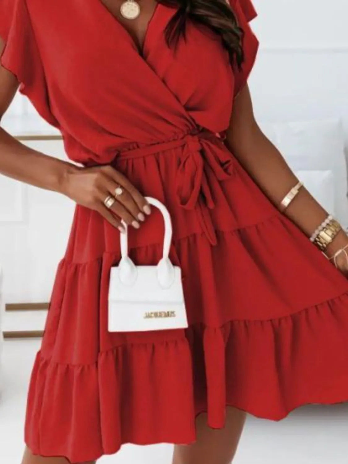 Ruffled Surplice Cap Sleeve Mini Dress OutfitFlow
