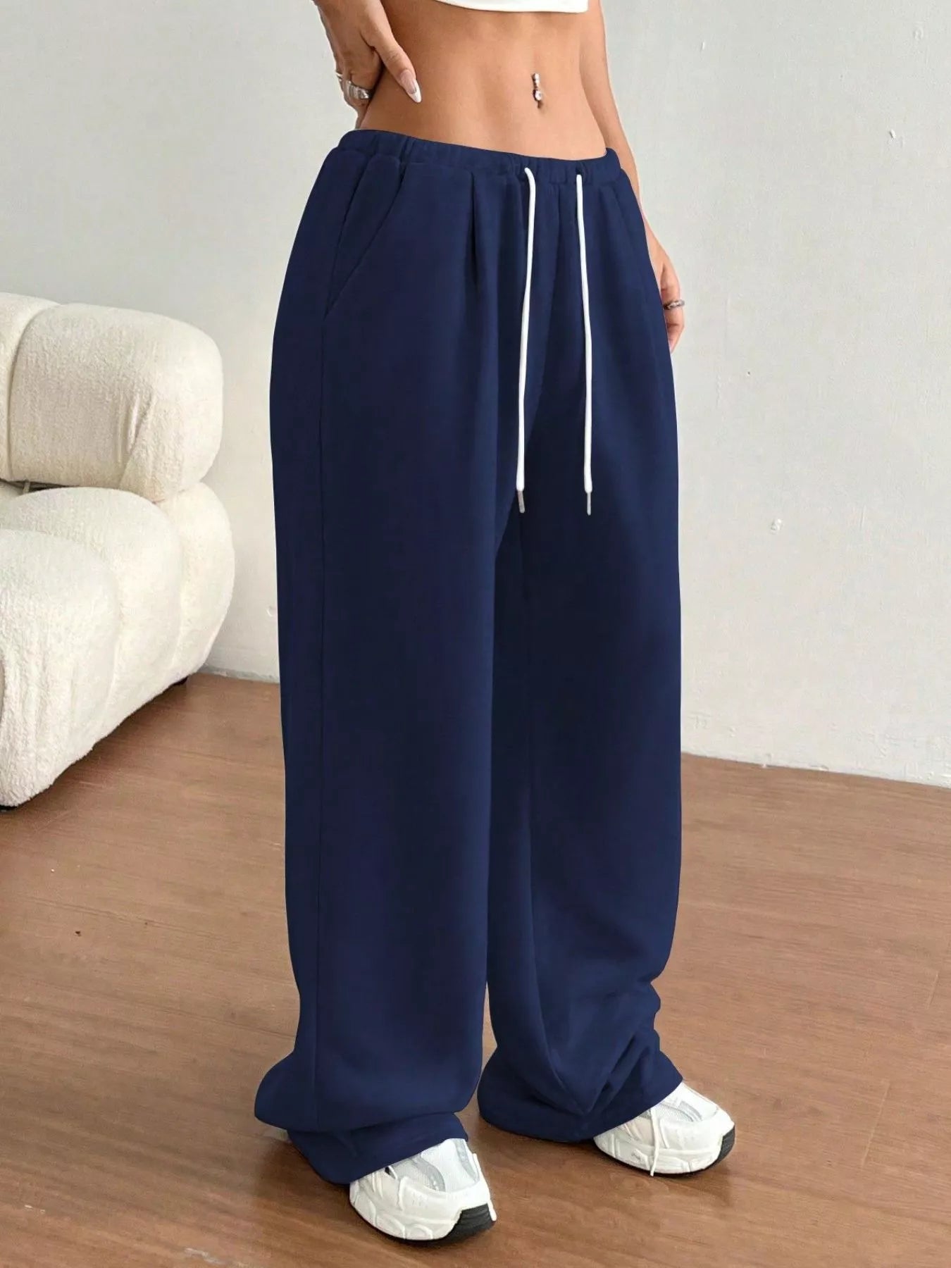 Casual Drawstring High Waist Wide Leg Sweatpants Dark Blue OutfitFlow