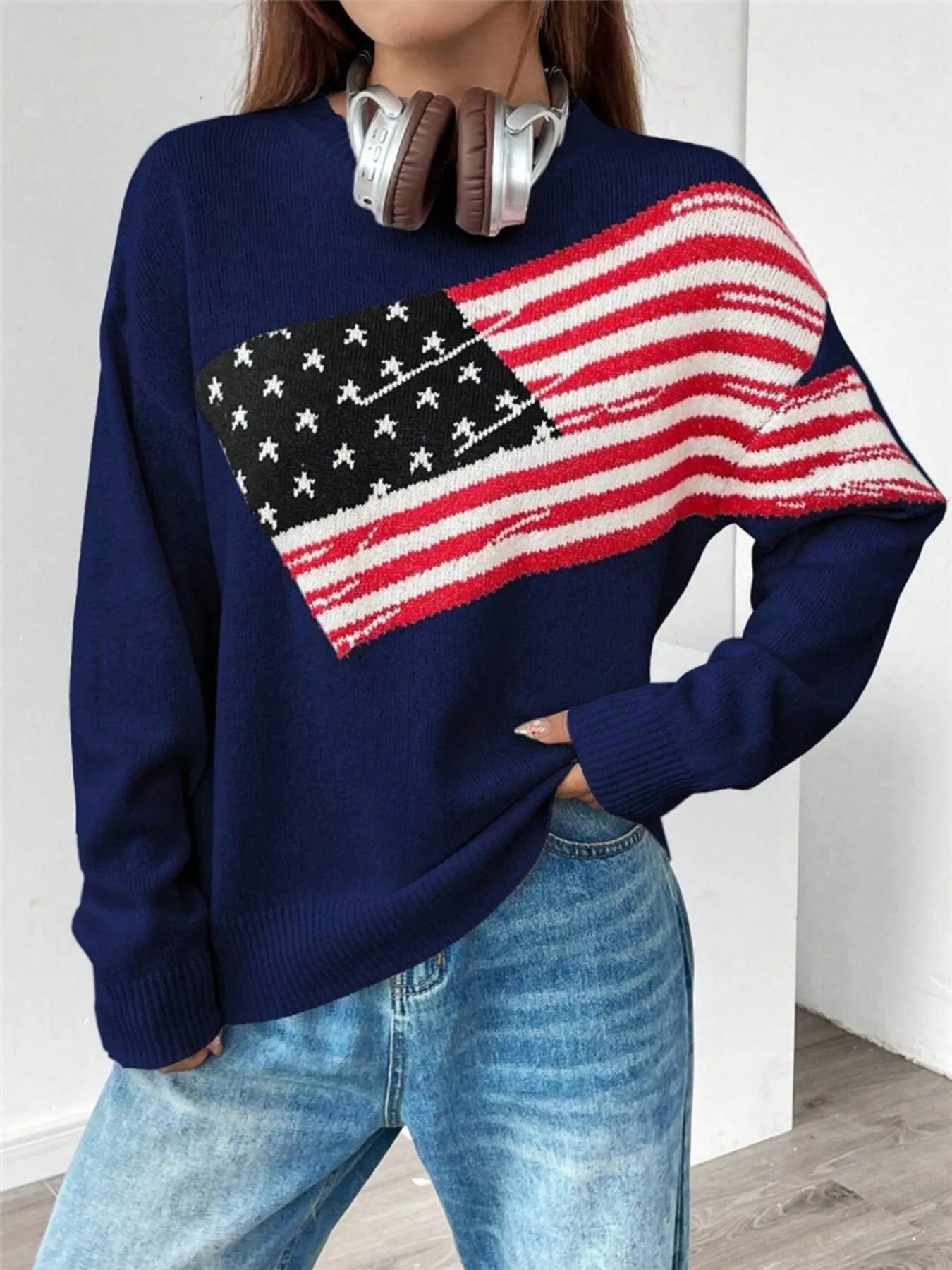US Flag Round Neck Long Sleeve Sweater Navy OutfitFlow