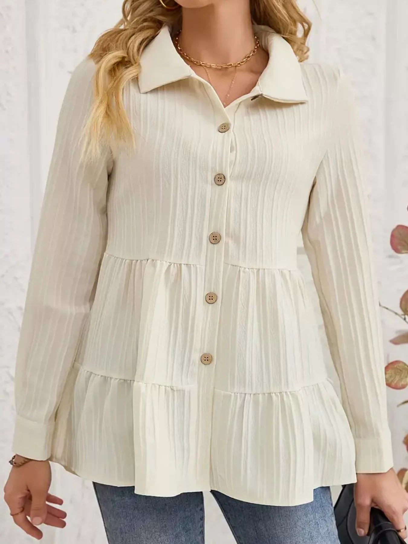 Button-Down Long Sleeve Tiered Shirt OutfitFlow