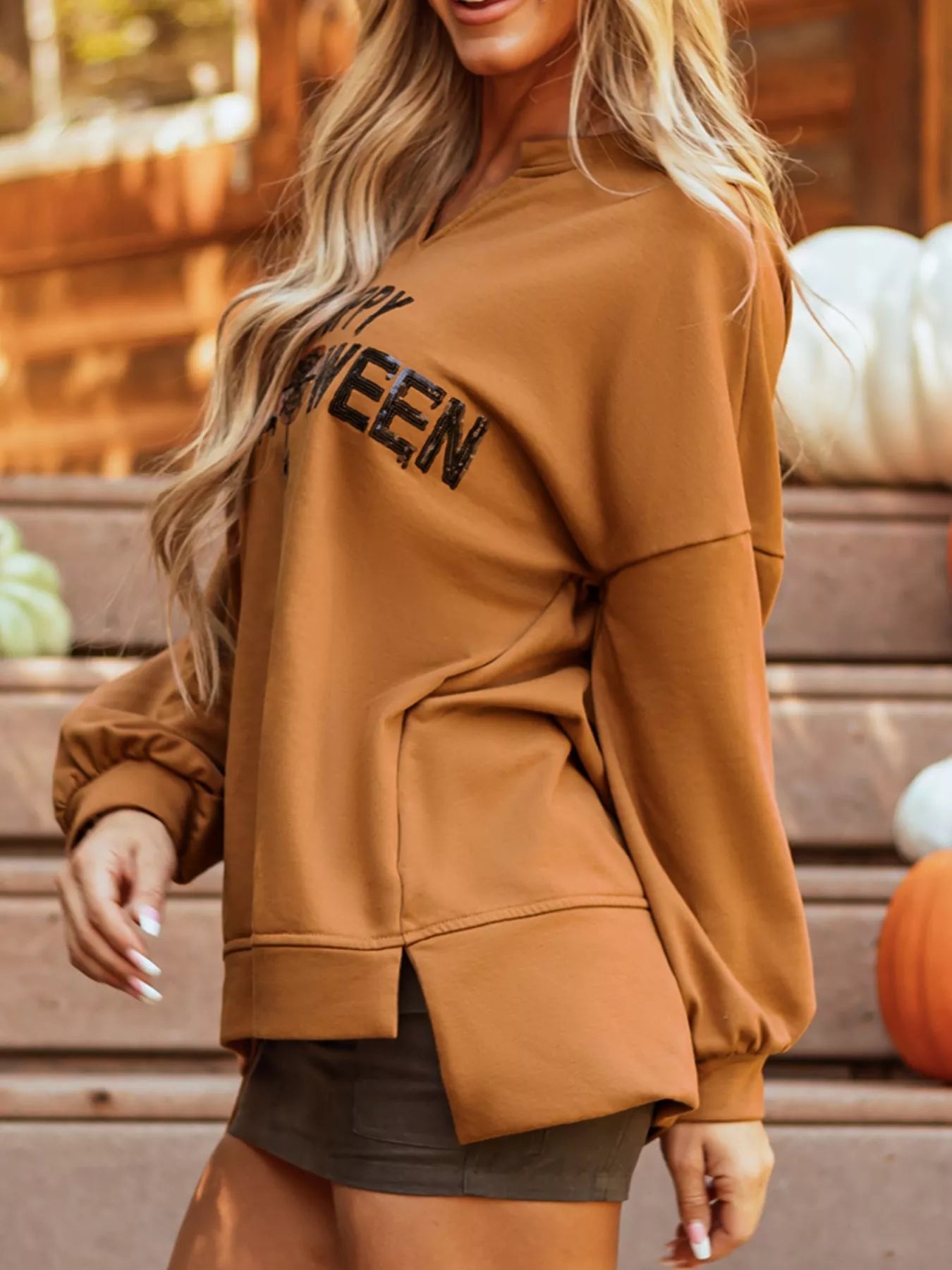 Happy Halloween Graphic Notched Long Sleeve Loose Top OutfitFlow