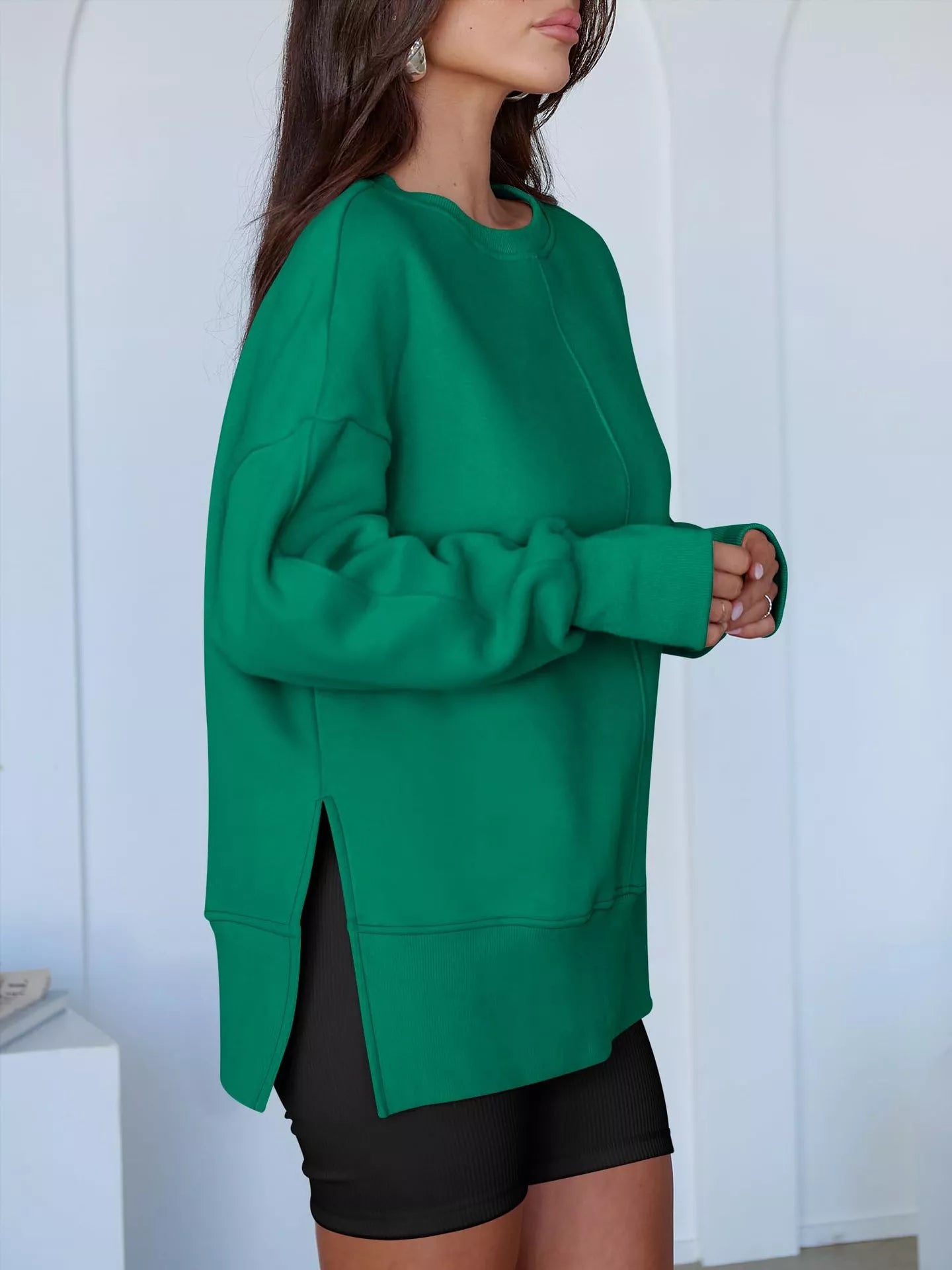 Side Slit Round Neck Long Sleeve Sweatshirt OutfitFlow