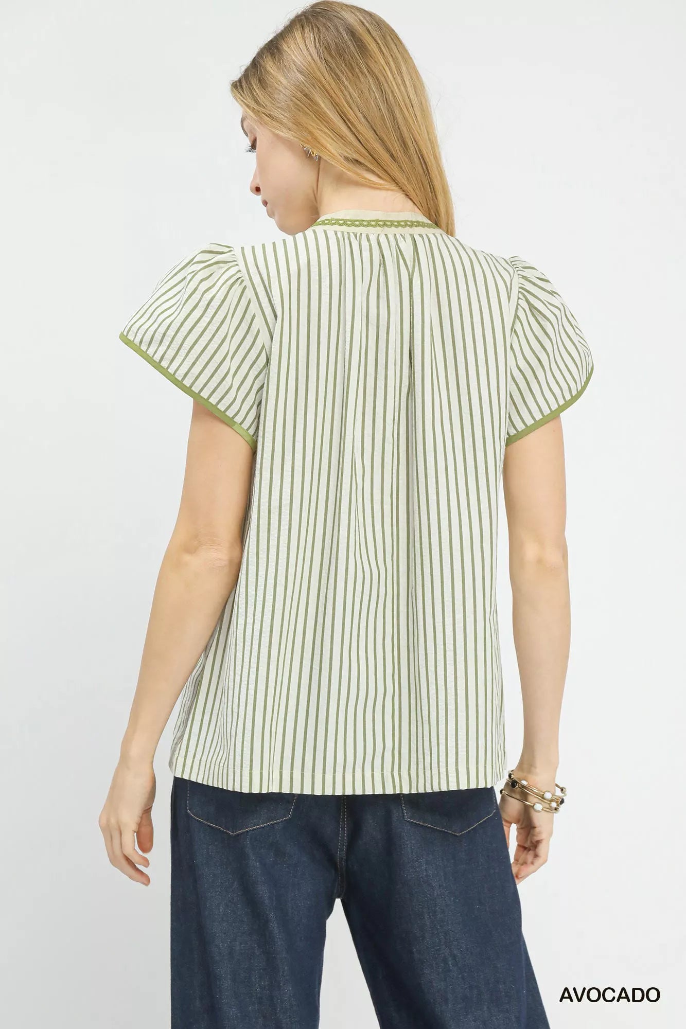 Umgee V-Neck Stripe Top with Lace Trim Trendsi