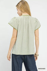 Umgee V-Neck Stripe Top with Lace Trim Trendsi