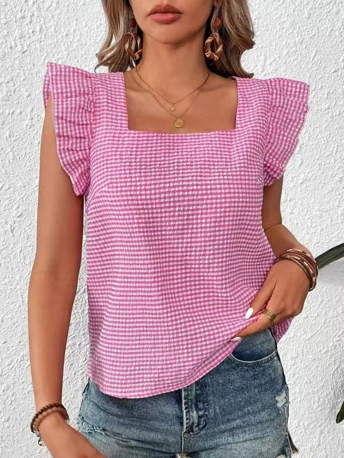 Ruffle Sleeve Gingham Square Neck Top OutfitFlow