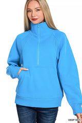 Zenana Half Zip Fleece Sweatshirt with kangaroo Pocket DEEP SKY OutfitFlow