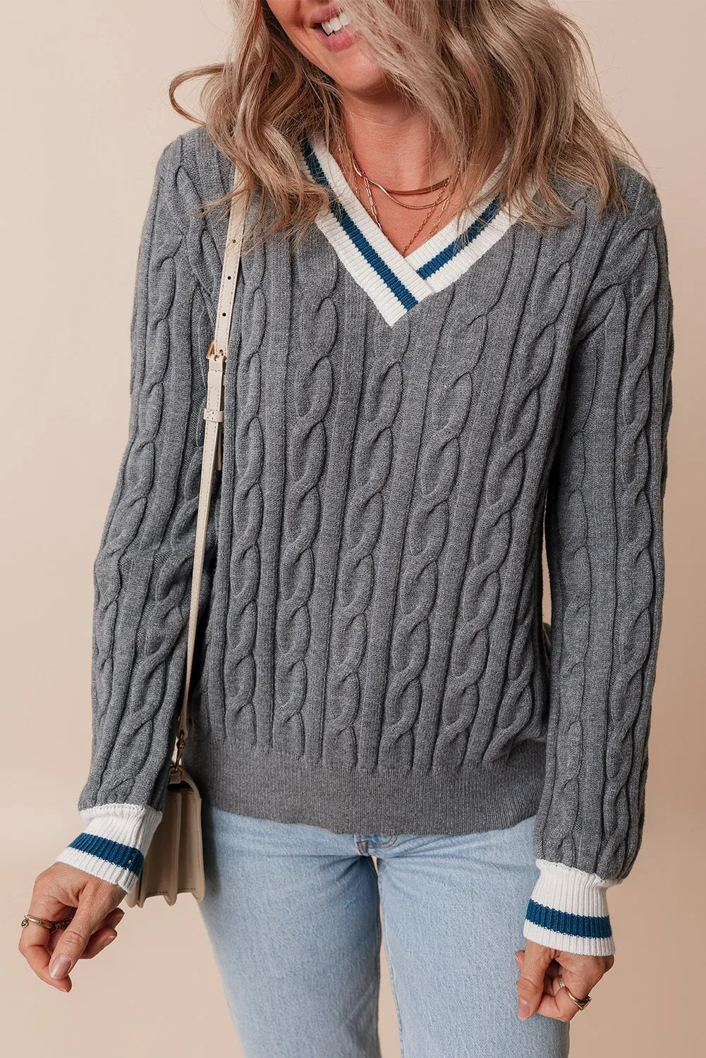 Cable-Knit V-Neck Long Sleeve Sweater Dark Gray Trendsi