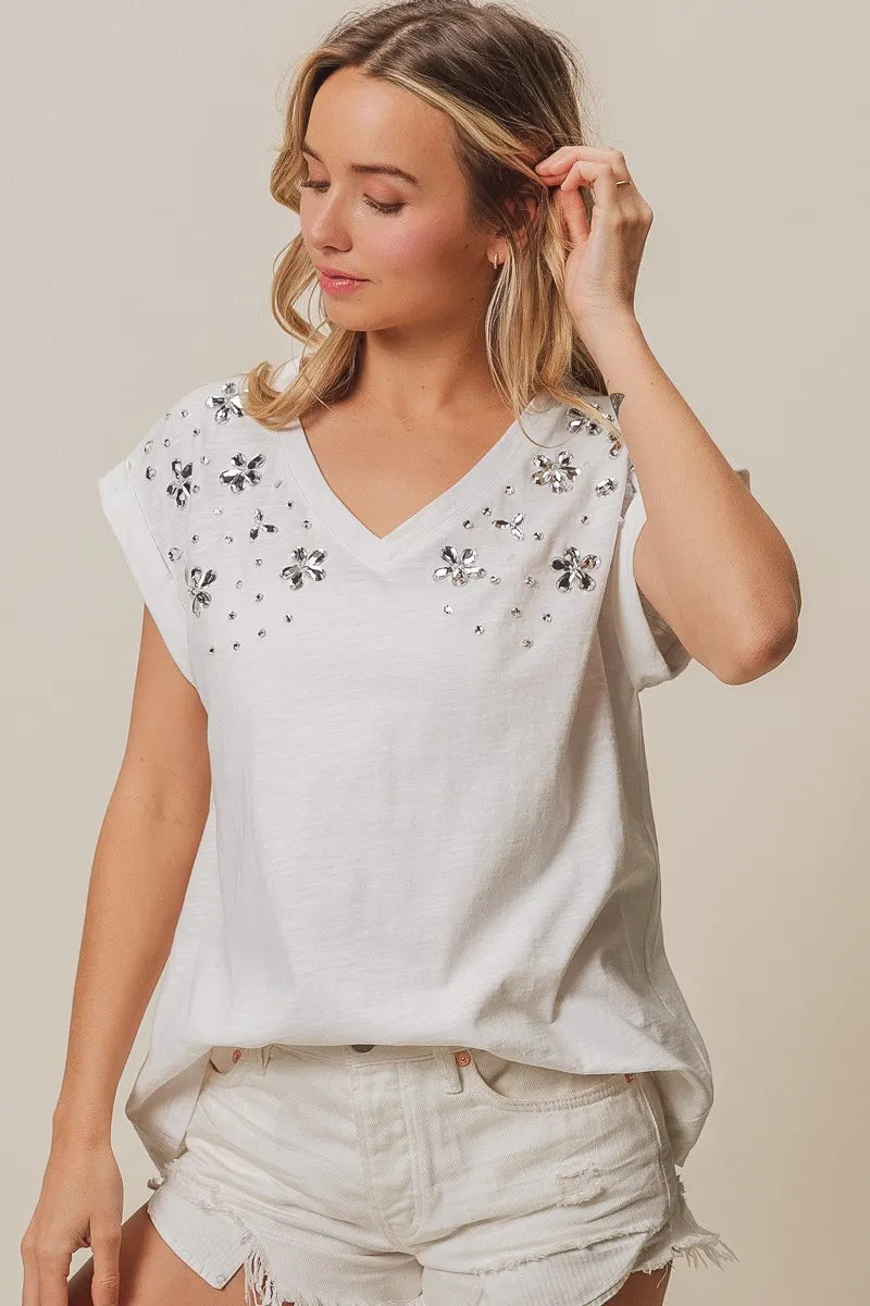 BiBi Slub Jersey Rhinestone V Neck Top OutfitFlow