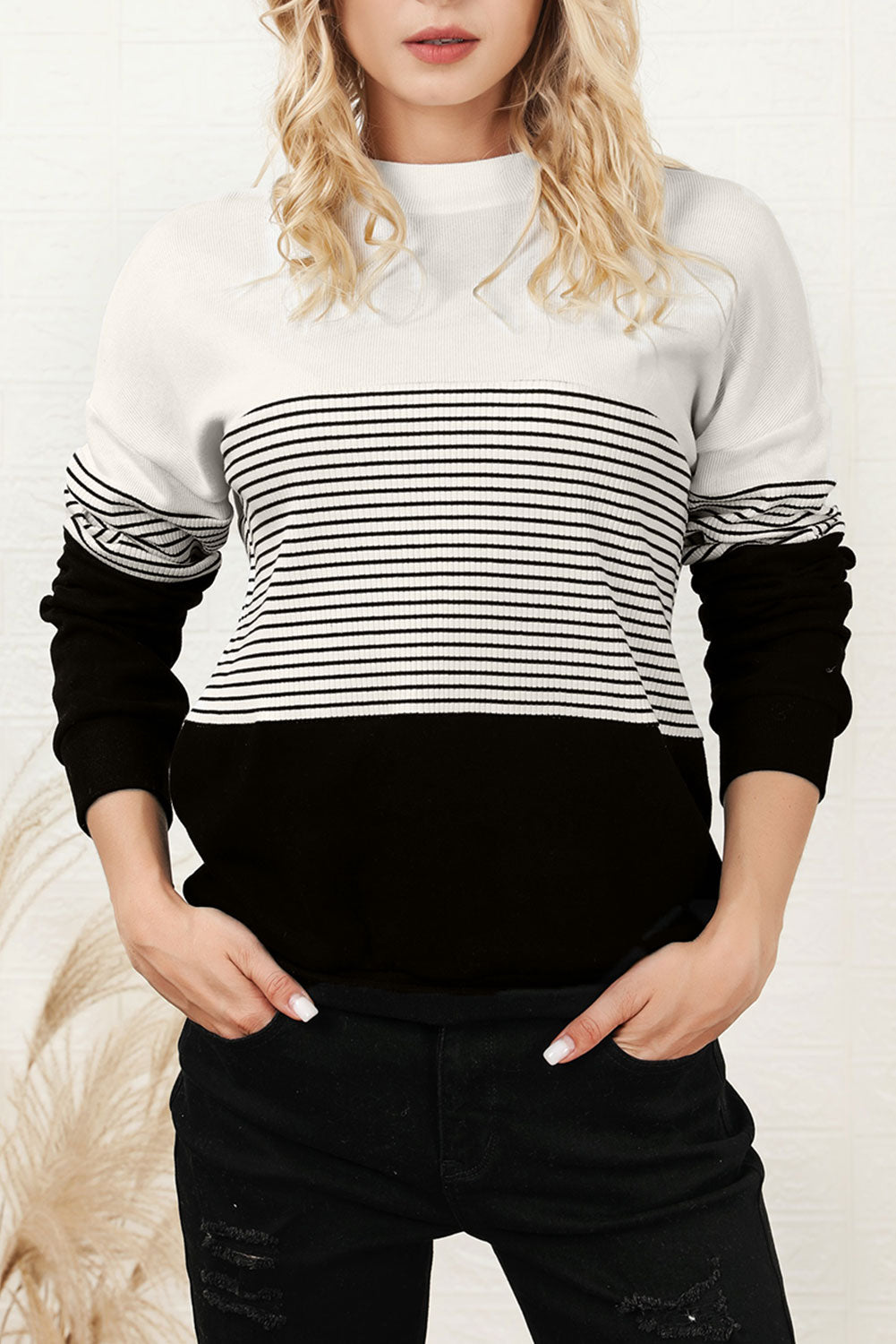 Outfit Flow - Striped Color Block Long Sleeve Knit Top