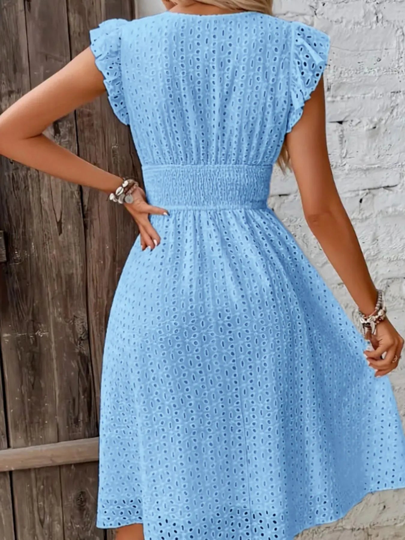 Eyelet Ruffled Cap Sleeve Mini Dress OutfitFlow