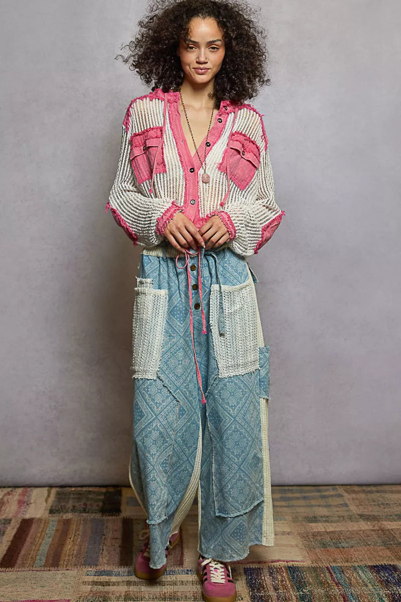 POL Texture Woven Button Down Hooded Shirt with Drawstring Hem Trendsi