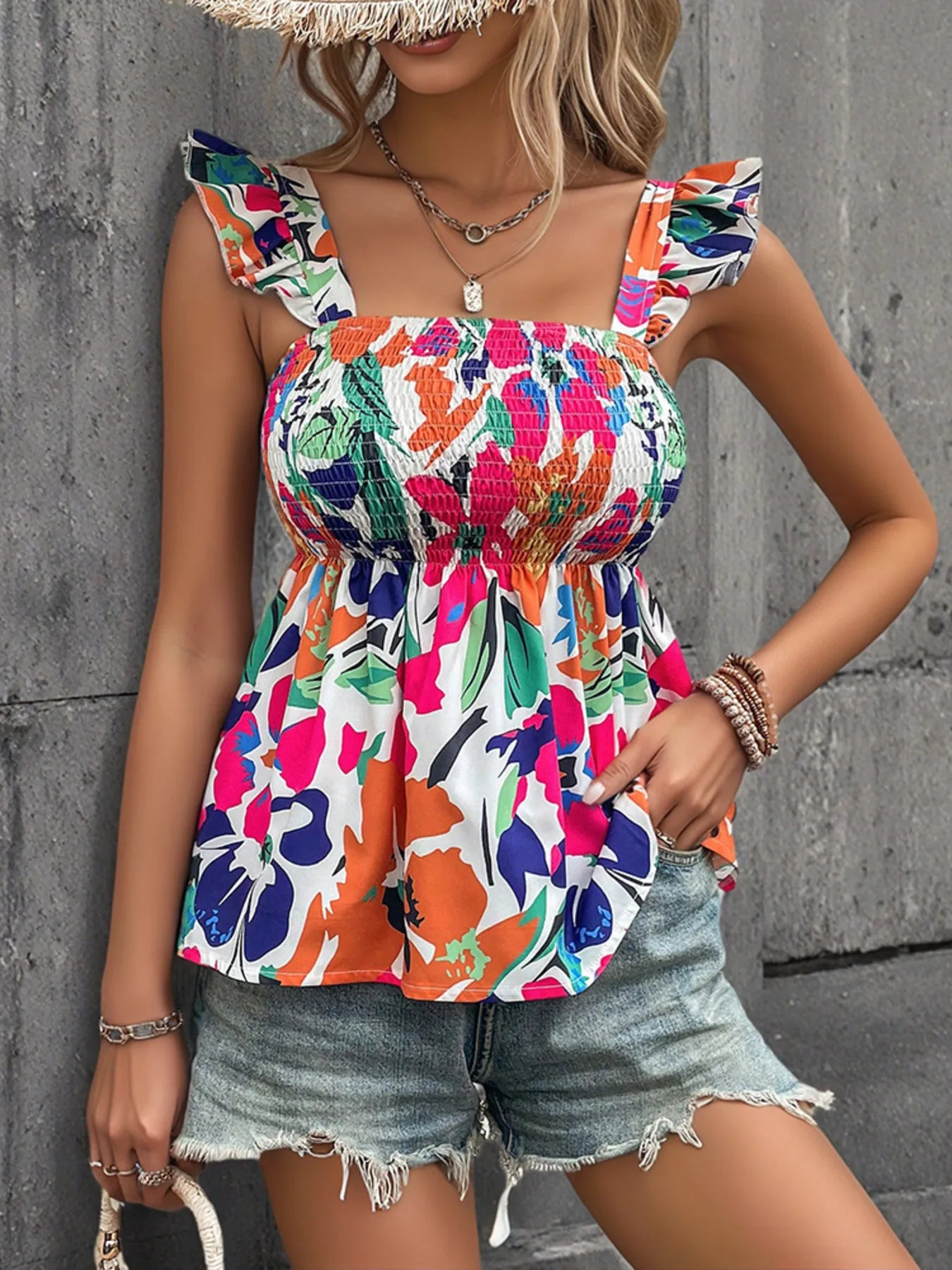 Smocked Printed Ruffled Blouse Hot Pink OutfitFlow