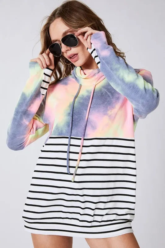 BiBi Tie Dye French Terry Cowl Neck Top OutfitFlow