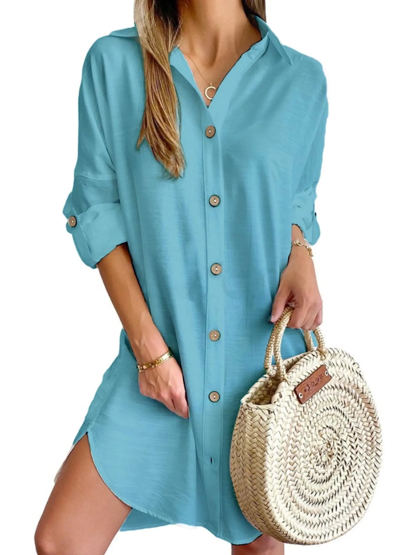 Button Down Long Sleeve Shirt Dress Lake Blue OutfitFlow