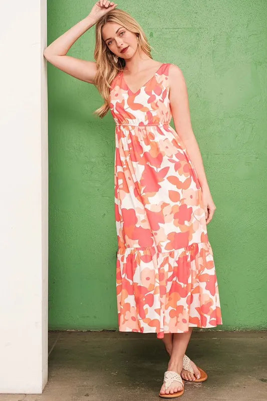 Lime 'N' Chili Sleeveless Floral Print V-Neck Midi Dress OutfitFlow