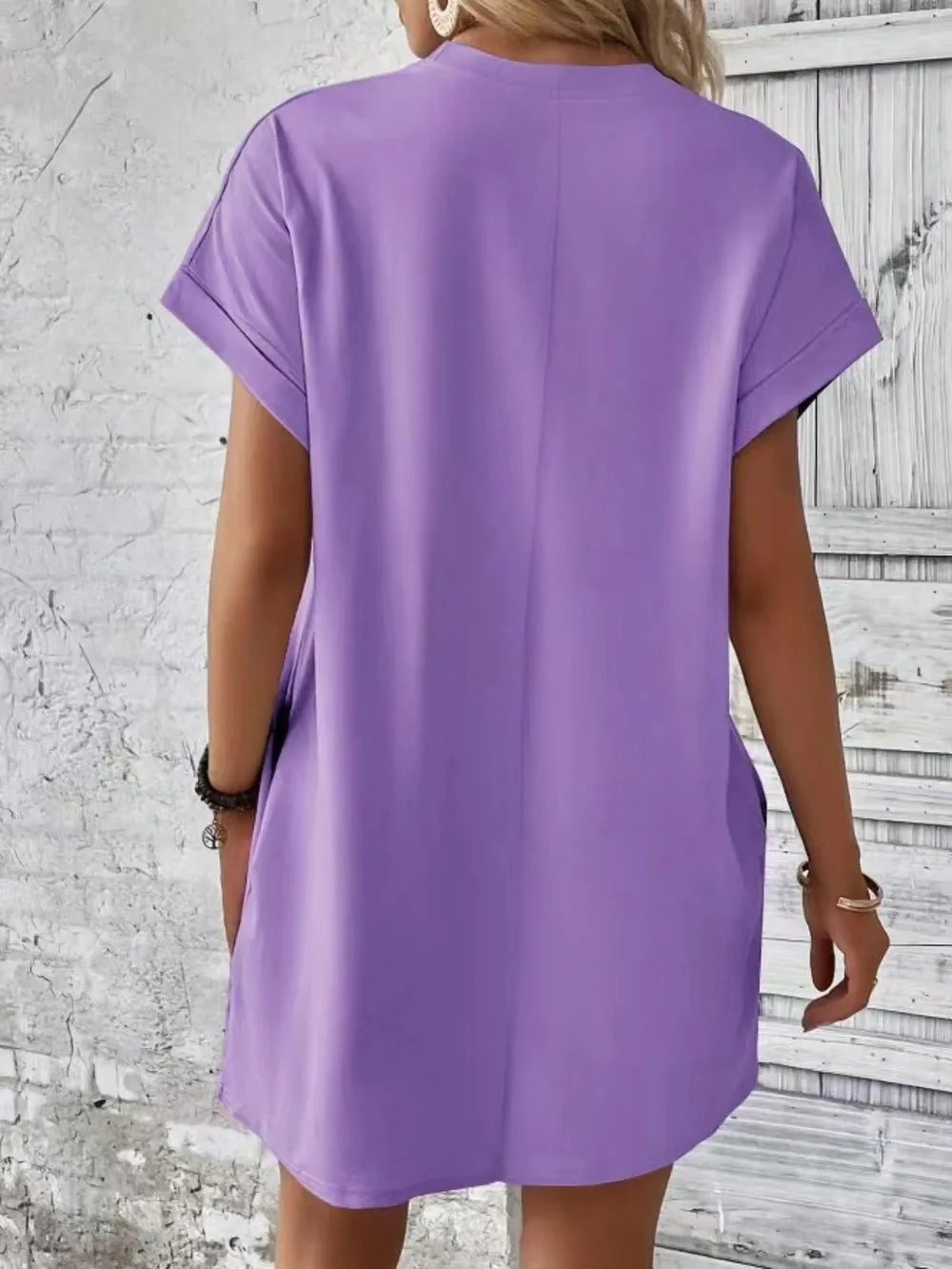 Pocketed Round Neck Short Sleeve Dress OutfitFlow