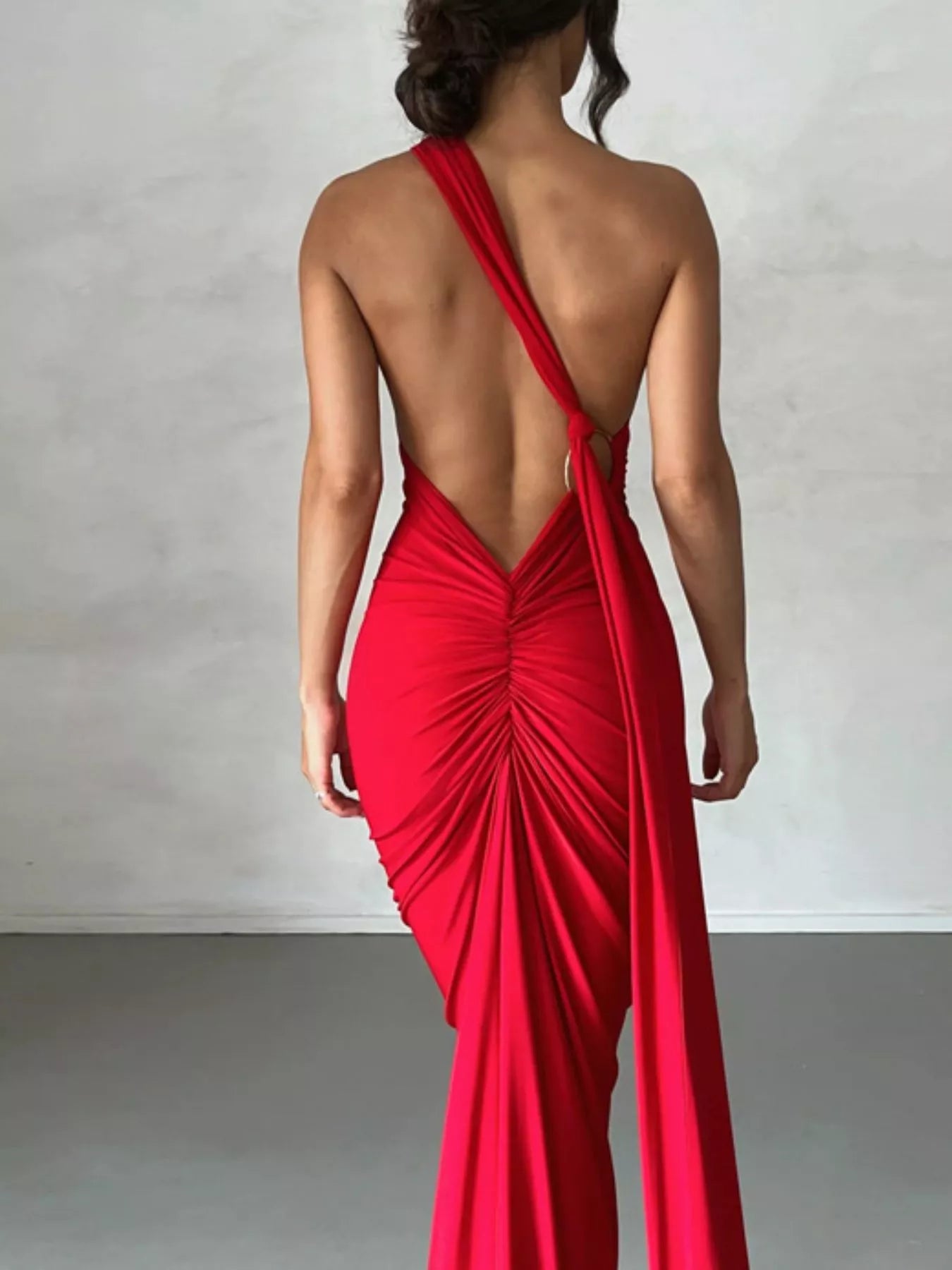 Backless One-Shoulder Ruched Bodycon Maxi Dress OutfitFlow