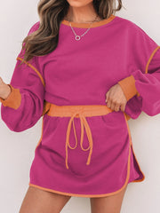 Contrast Trim Long Sleeve Top and Skort Set OutfitFlow