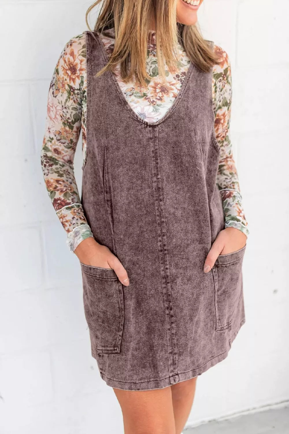 Vintage Wash Denim Overall Dress Taupe OutfitFlow