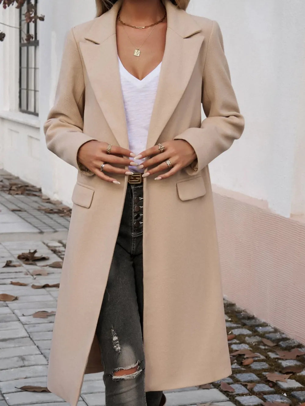 Devine Pocketed Collared Neck Long Sleeve Coat Tan Trendsi