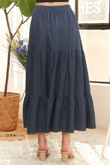ADORA Waist Band Tiered Denim Maxi Skirt OutfitFlow