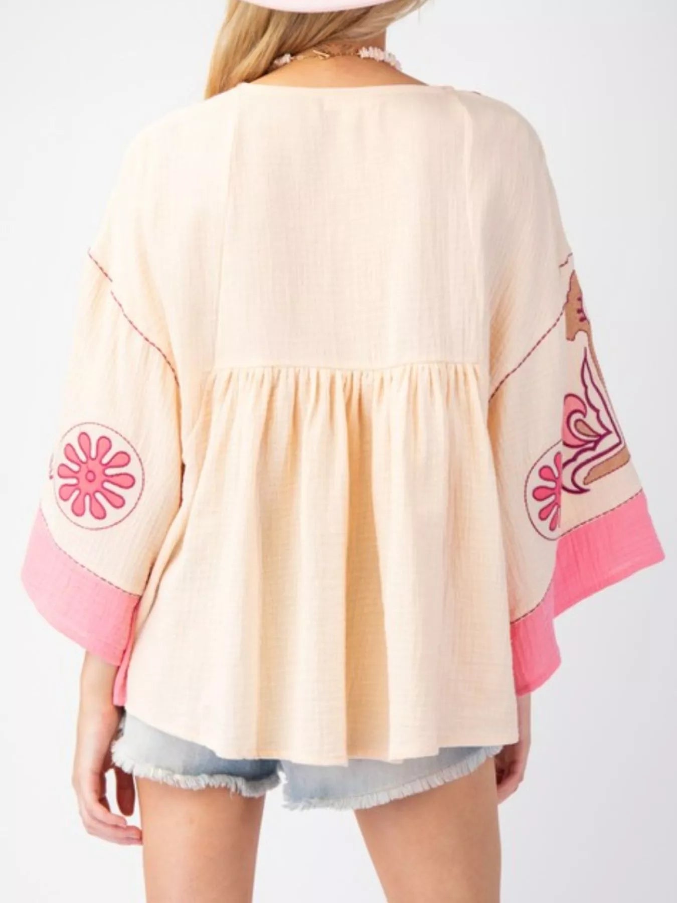 Printed V-Neck Top with Contrast Trim Details OutfitFlow
