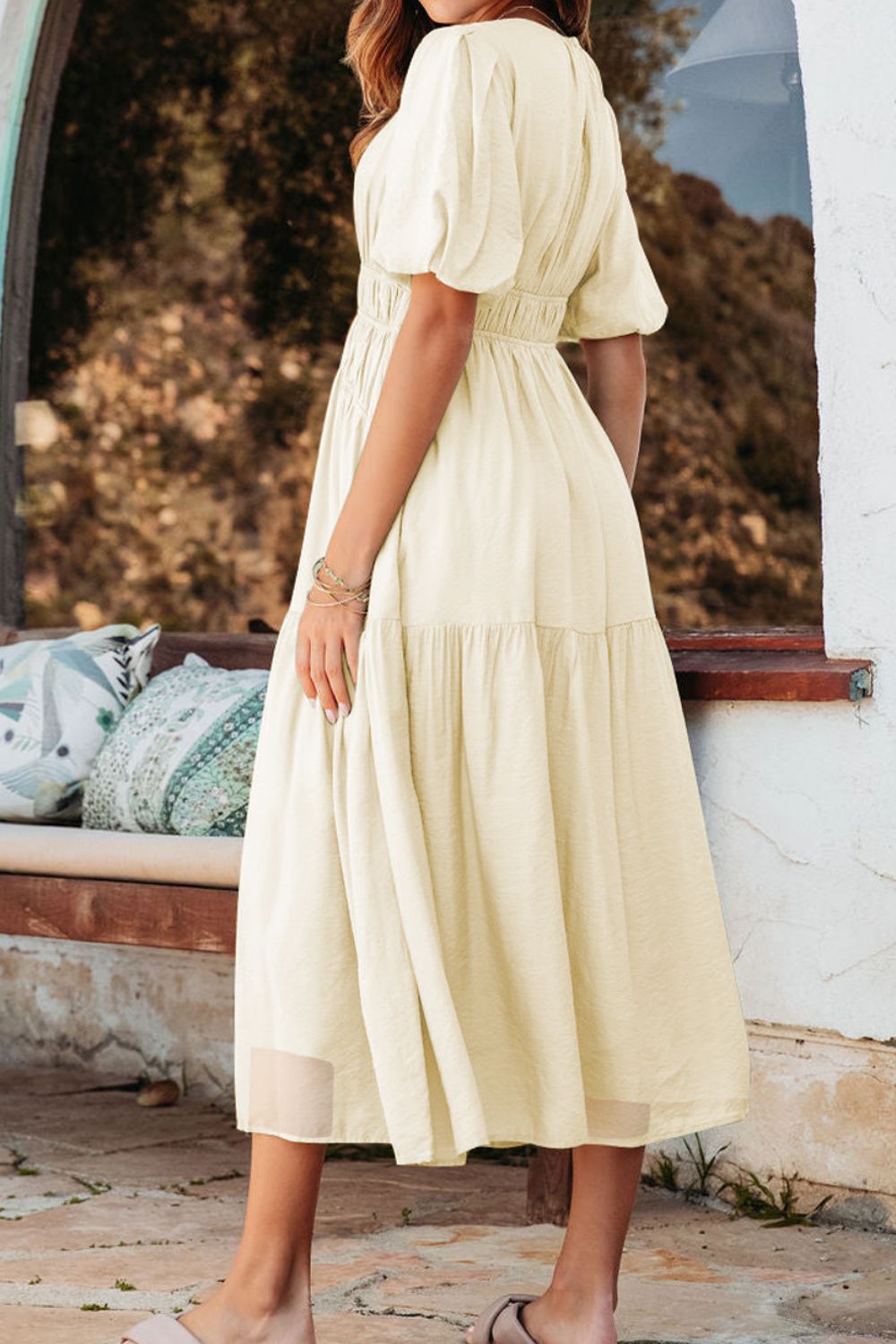 Puff Sleeve Pleated High Waist Flowy Midi Dress OutfitFlow