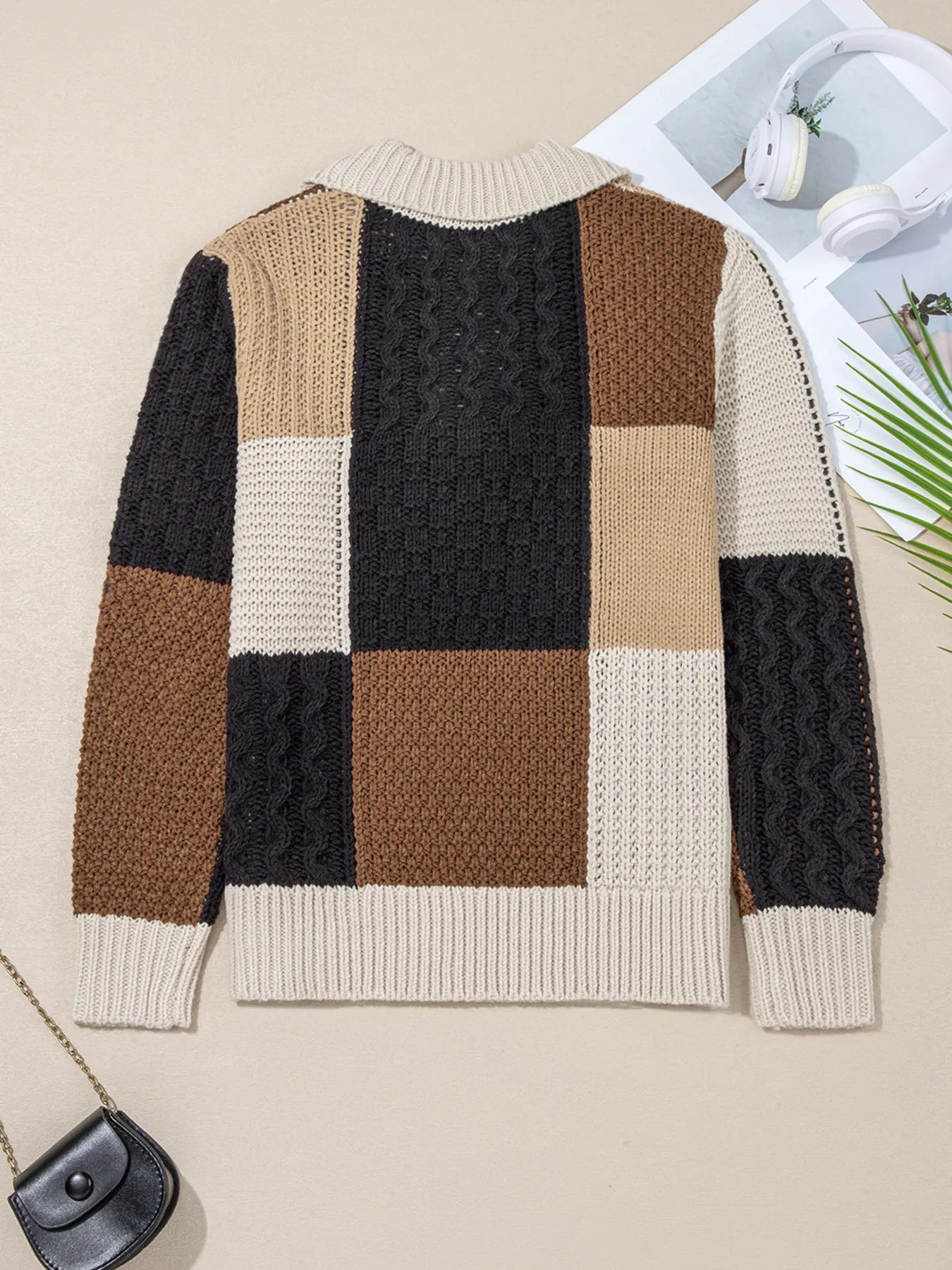 Multicolour Color Block Cable Knit Sleeve Buttons Collared Sweater OutfitFlow