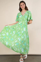 VERY J Printed V-Neck Resort Midi Dress OutfitFlow