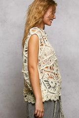 POL Openwork Round Neck Floral Crochet Tank Trendsi