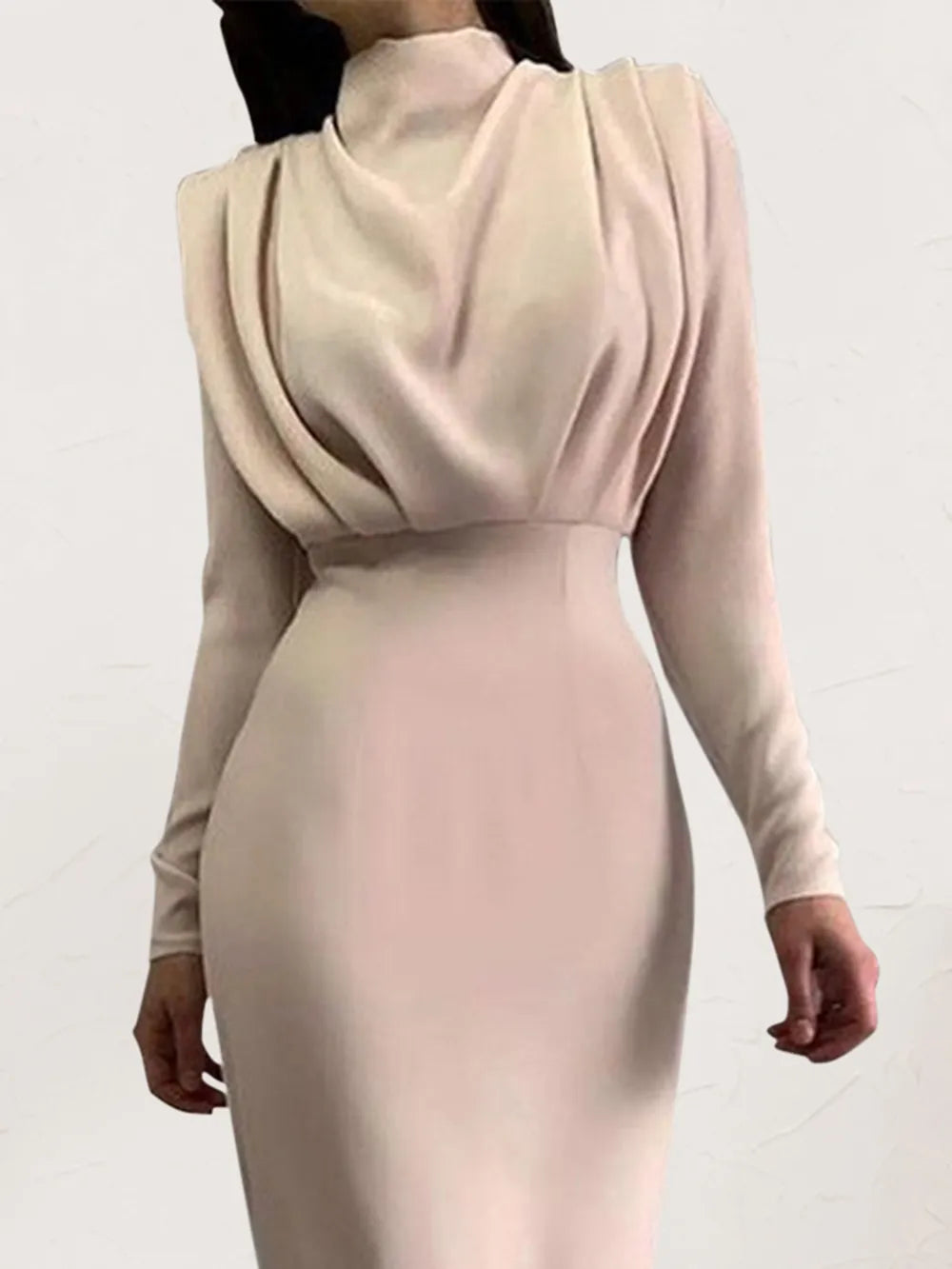 Ruched Turtleneck Long Sleeve Dress OutfitFlow