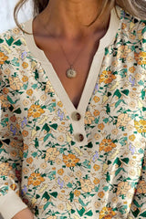 Floral Print Notched Long Sleeve Blouse OutfitFlow