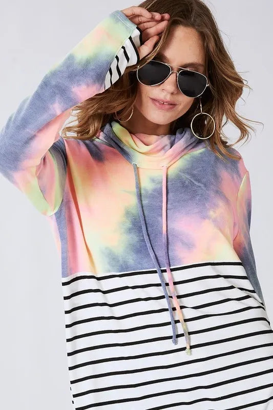 BiBi Tie Dye French Terry Cowl Neck Top OutfitFlow