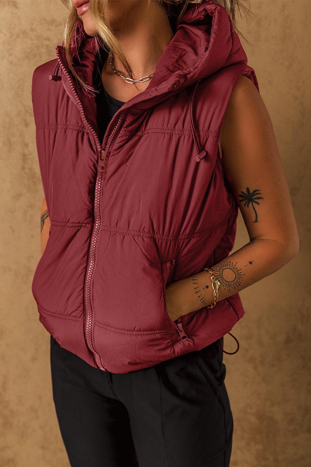 Outfit Flow - Drawstring Zip Up Hooded Vest Coat