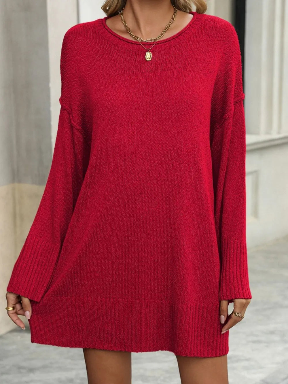 Round Neck Dropped Shoulder Sweater OutfitFlow