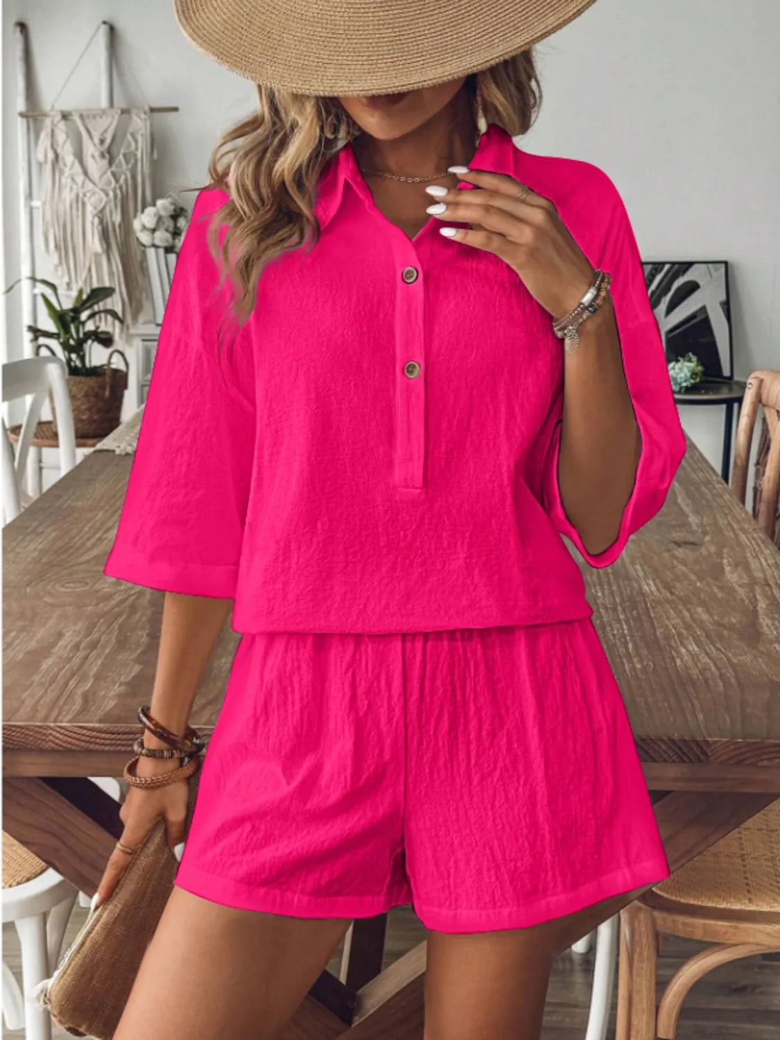 Collared Neck Half Sleeve Top and Shorts Set OutfitFlow