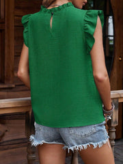 Ruffled Frill Mock Neck Cap Sleeve Blouse OutfitFlow