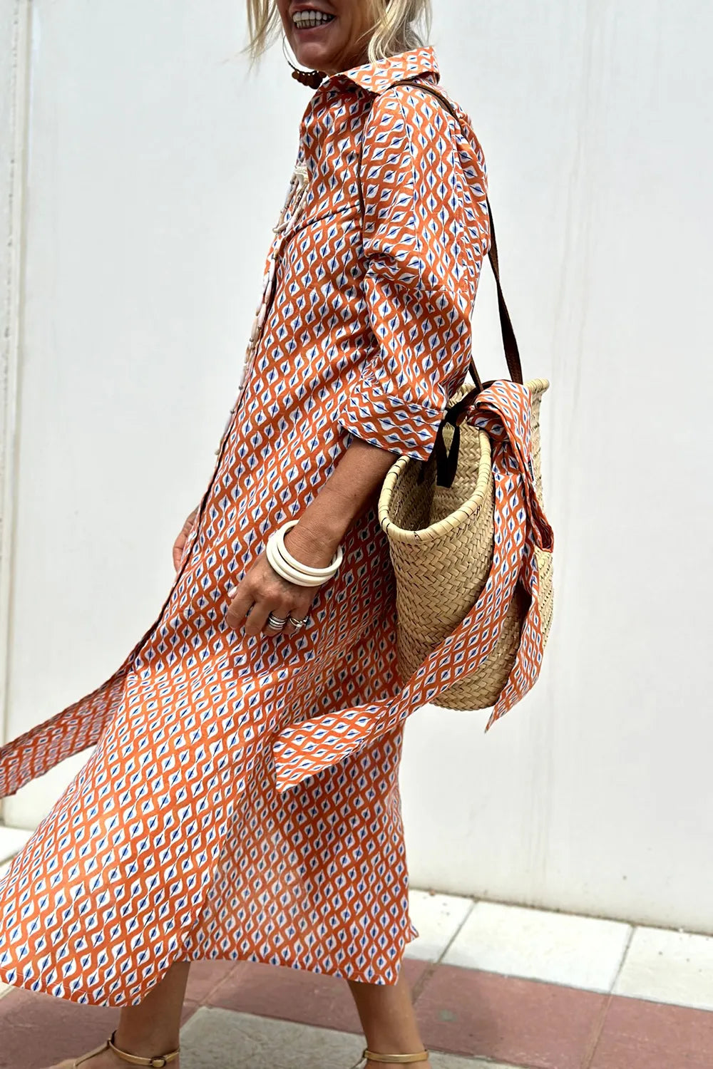 Tied Button Up Three-Quarter Sleeve Dress OutfitFlow